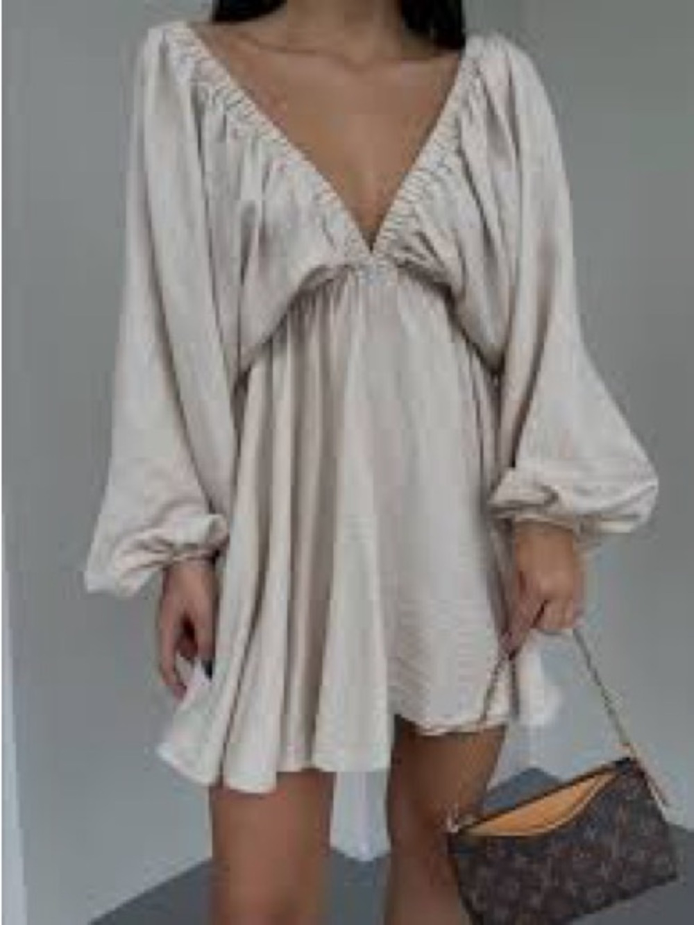 Deep V-Neck Cream Mini Dress with Billowy Long Sleeves